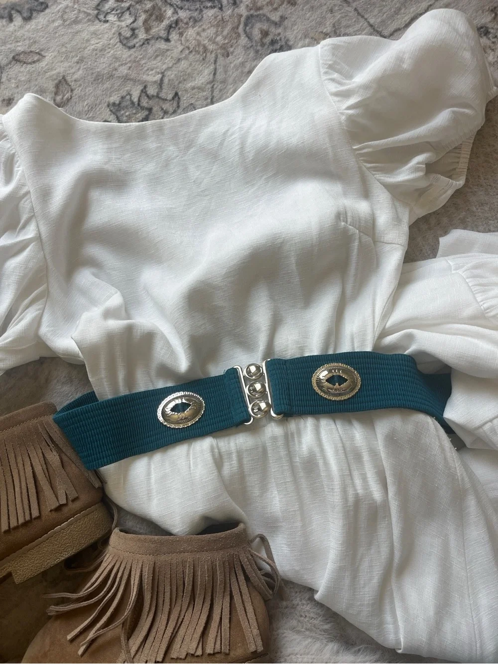 Vintage Teal Stretch Waist Belt Silver Southwestern Buckle Boho Western